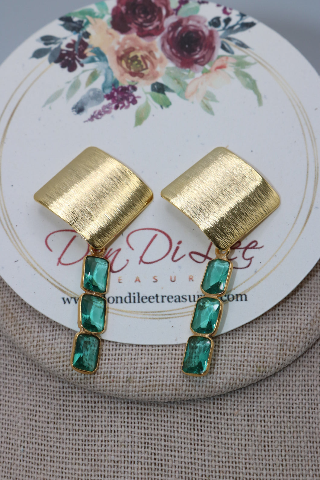 Brushed Gold Emerald Earrings