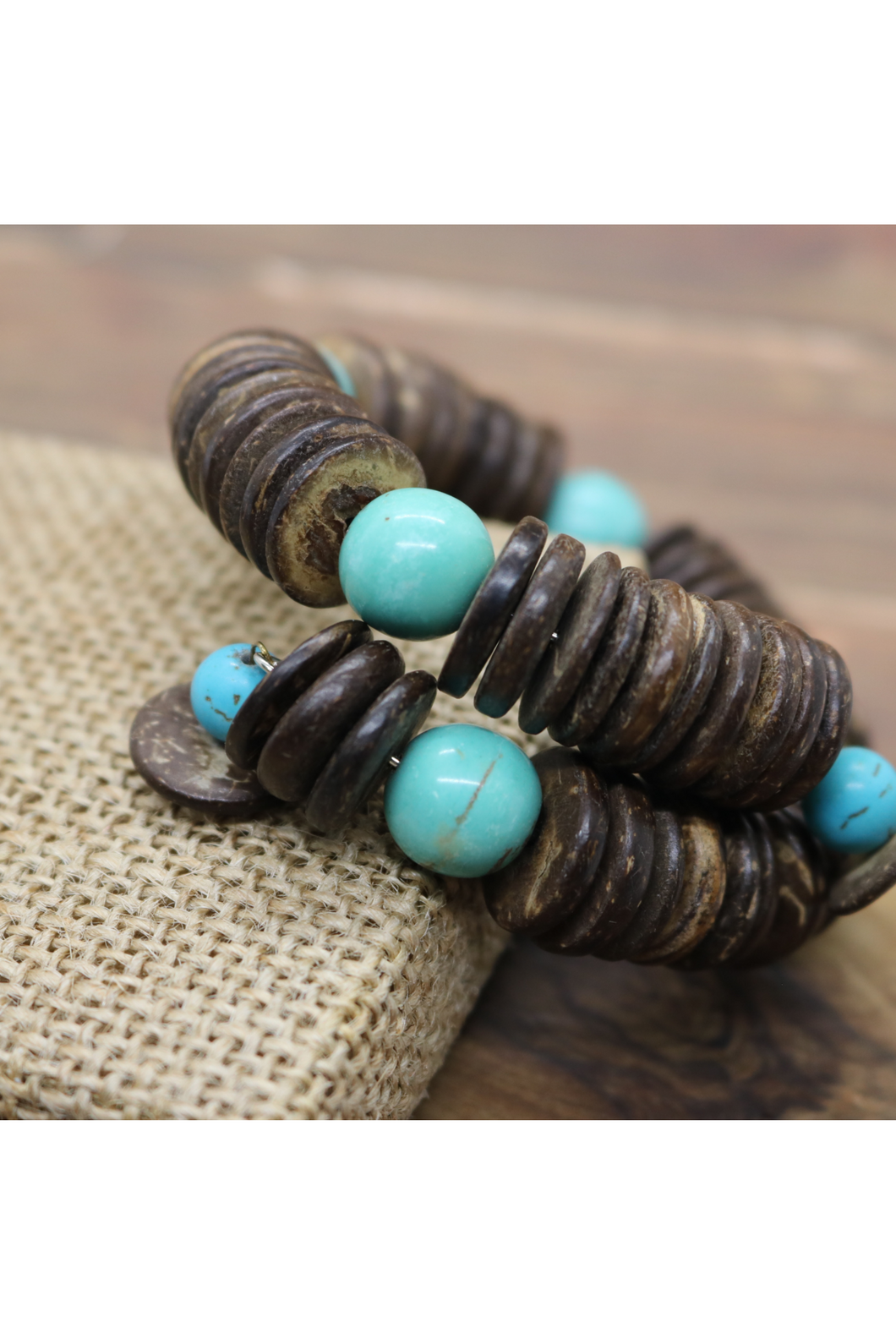 Coconut saucer beads with turquoise howlite on memory wire